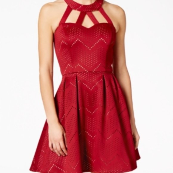 Juniors' Laser-Cutout Halter Fit & Flare Dress - Picture 1 of 4